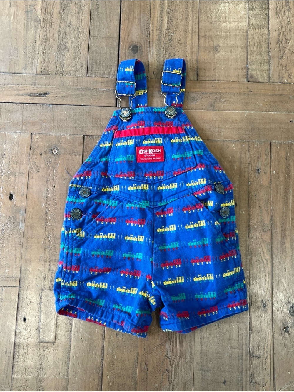 Oshkosh Vintage Made In The USA Train Short Overalls 3-6 Months Blue Red 90s